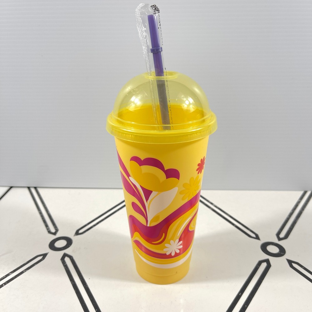 Starbucks Yellow Floral Retro Reusable Cold Cup Tumbler Dome Lid Straw Summer